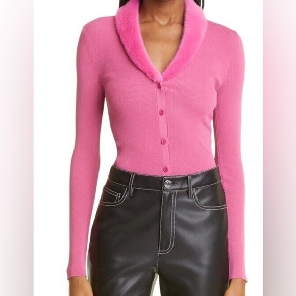 New! STAUD 💗 Celina Faux Fur Collar Rib Knit Top In Lollipop 💗 XS! SALE! - Picture 5 of 14